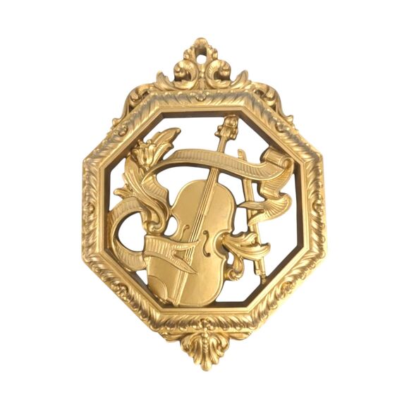 Vintage Homco Musical Instrument Wall Plaques: 1970s Gold Decor, Set of 3 - Picture 5 of 7